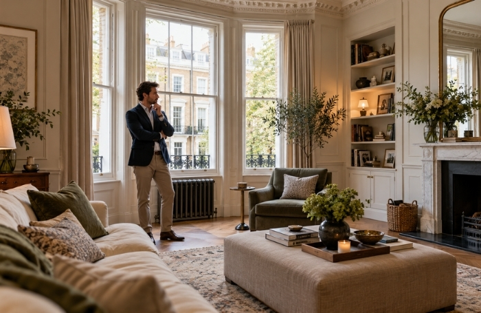 Buyer evaluating a London home during a property viewing